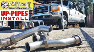 2001 F350 73  RiffRaff UpPipes Install  Stock up pipes leaking and falling apart JUNK SP [upl. by Ratib]